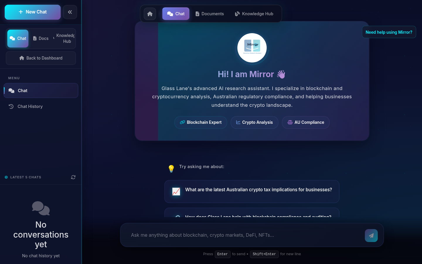 Mirror AI chat interface — run research conversations and iterate