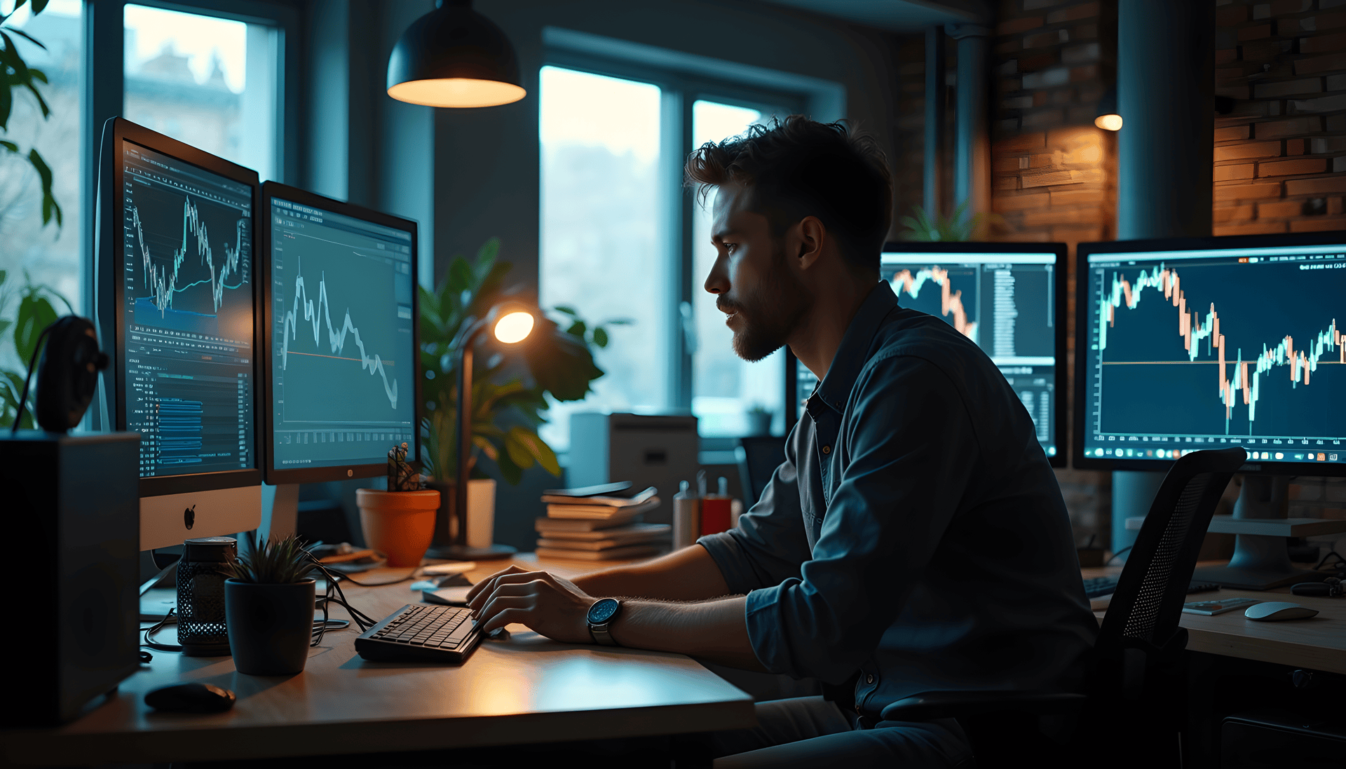 Crypto Businesses - Trading desk with multiple monitors showing crypto charts